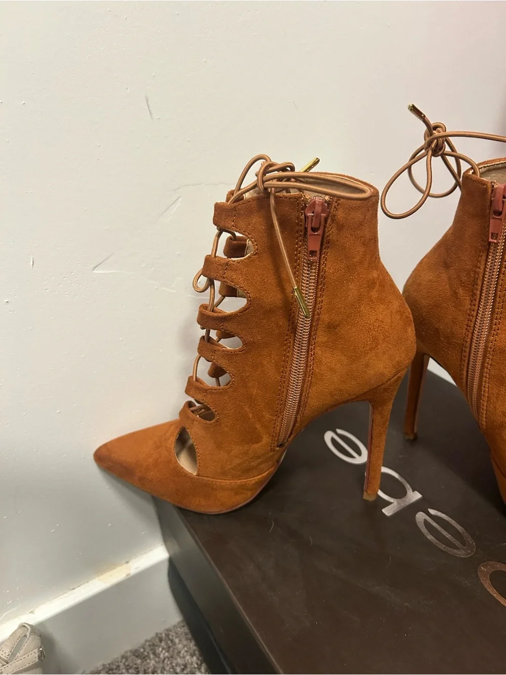 Liliana Rust Suede Lace-Up Pointed-Toe Ankle Booties